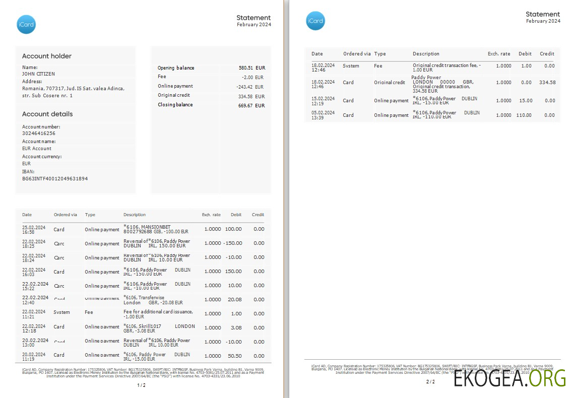 Relevé bancaire Icard Ukraine 3 – 6 mois Exemple Word et PDF, 2 pages